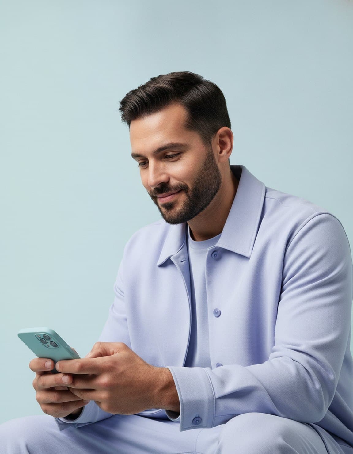 A business owner smiling as he types a message on his phone