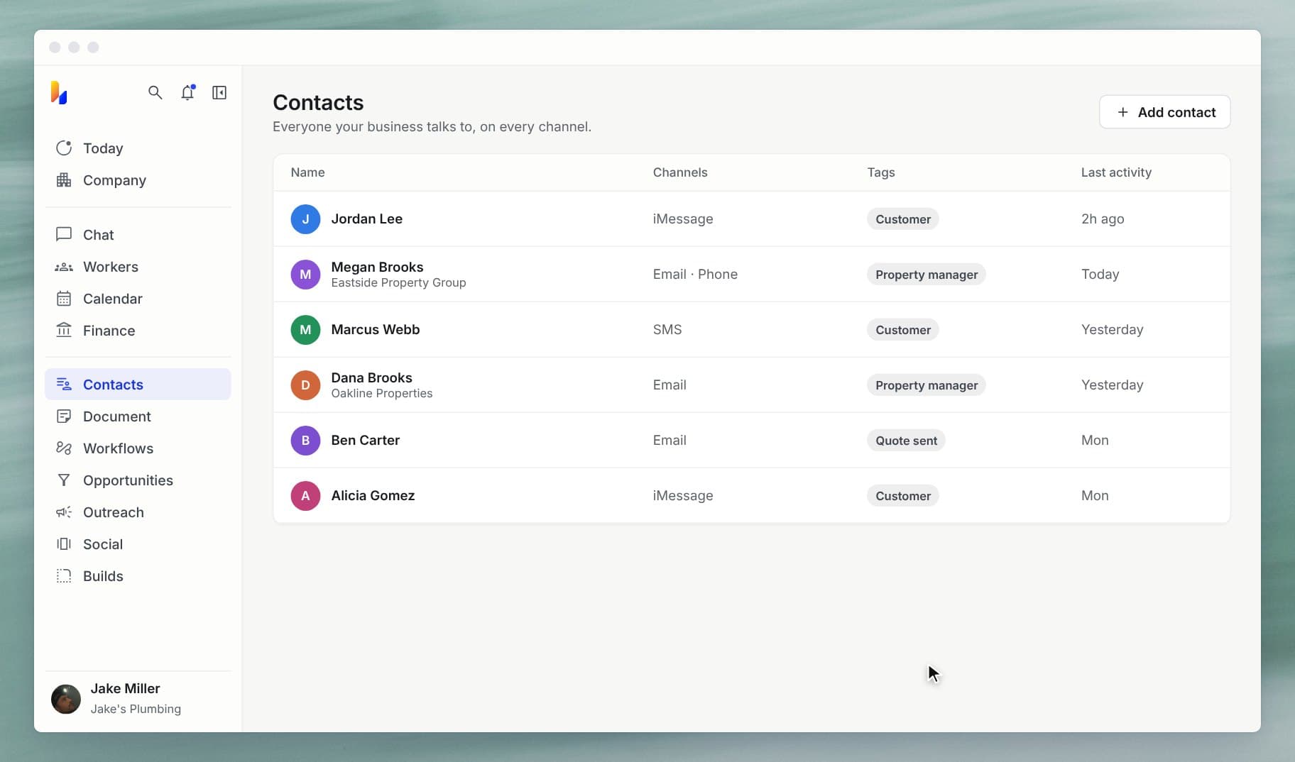 A contact in hiublue with every email, call and booking on one timeline
