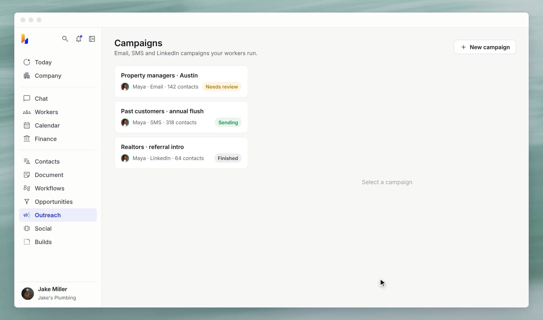 Maya drafts an email campaign and Jake approves and launches it in hiublue