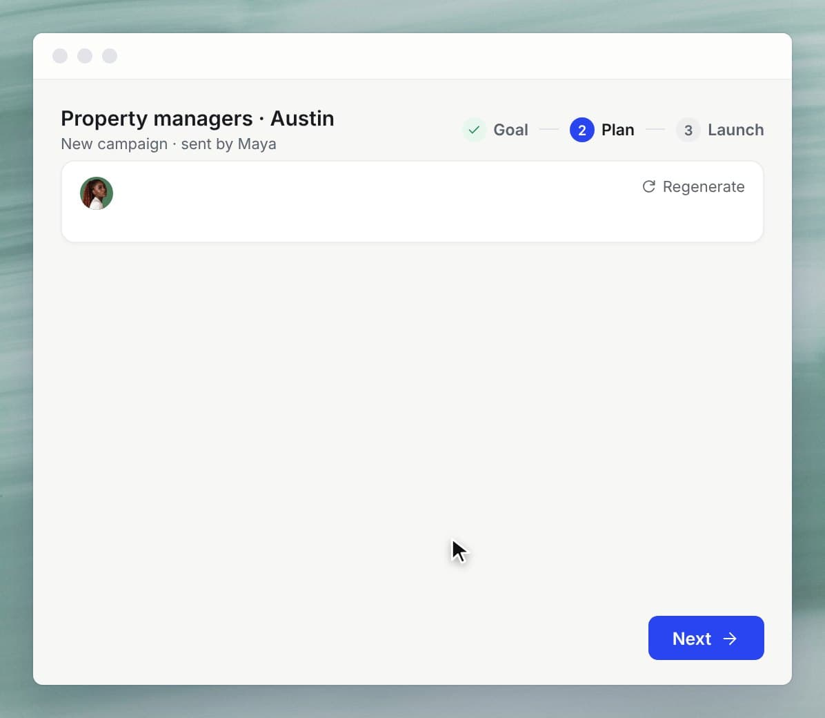 Maya plans an email and text campaign, and Jake launches it in review mode
