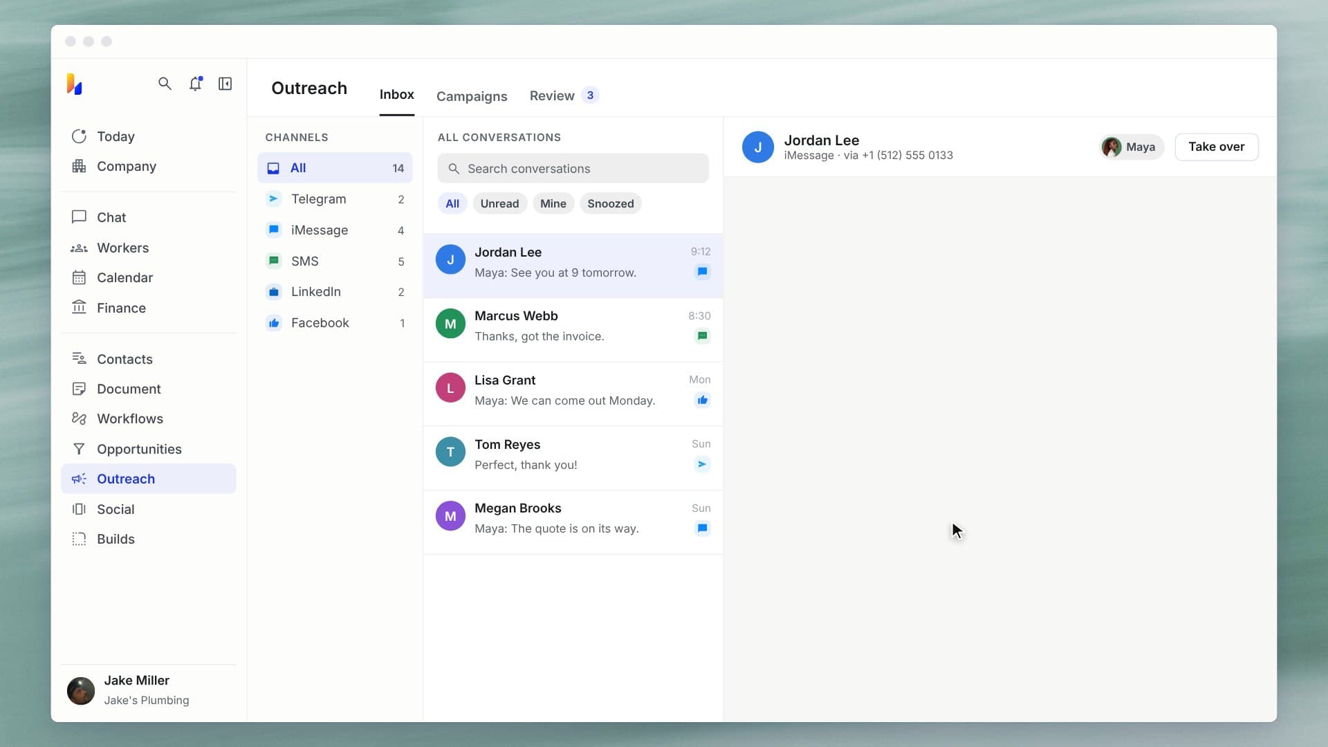 The Outreach inbox with Telegram, iMessage, SMS, LinkedIn and Facebook conversations, and Maya replying to a lead