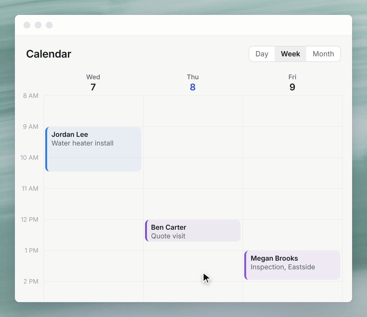 A walkthrough Maya booked appears on Jake's calendar with its details