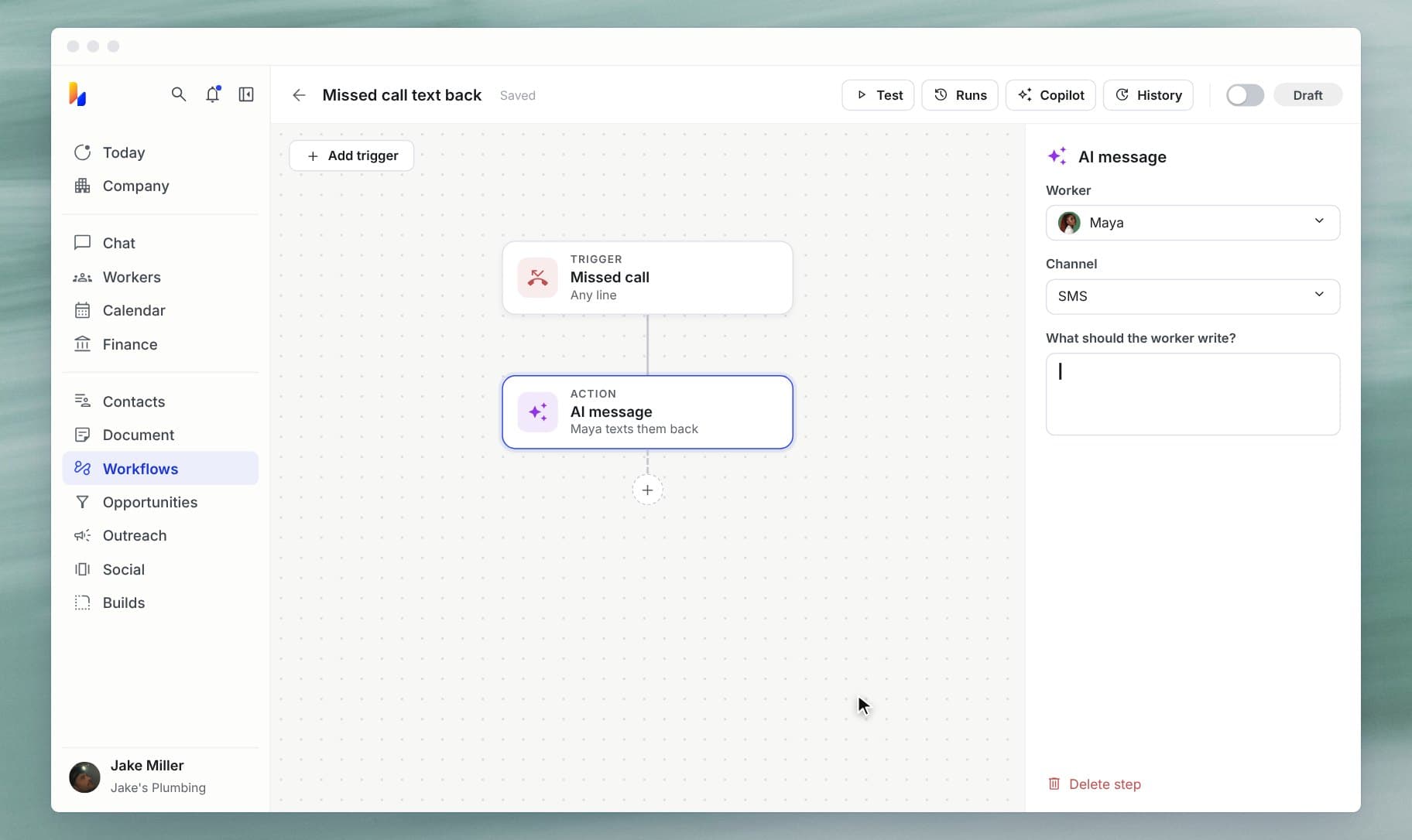 Workflow builder: a missed call triggers an AI message from Maya, Jake adds a Create opportunity step and switches it on