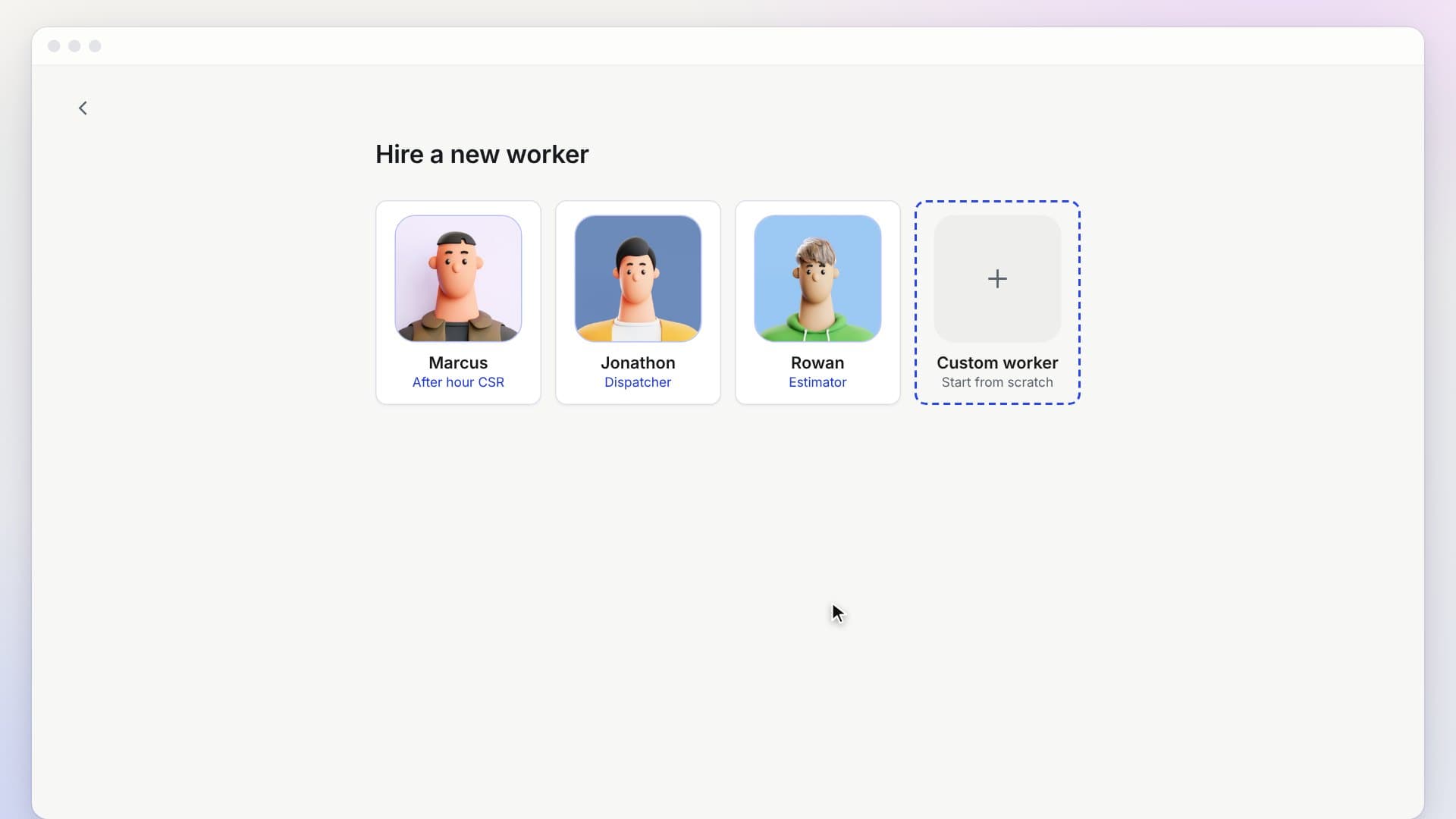 Hiring an AI worker named Maya in hiublue: name, role, persona, then Hire Maya