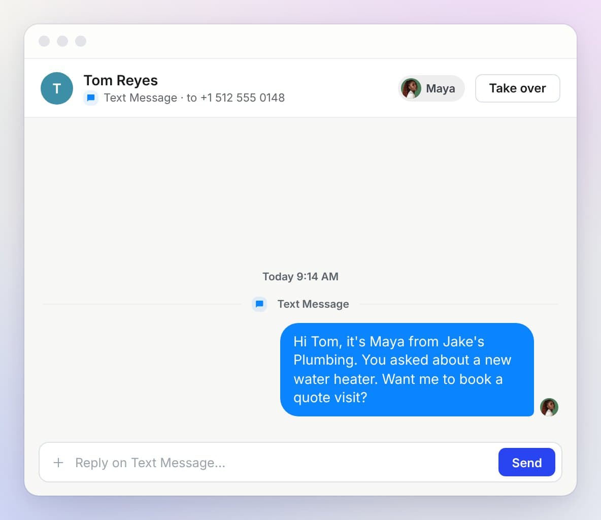 A text conversation between Maya and a lead
