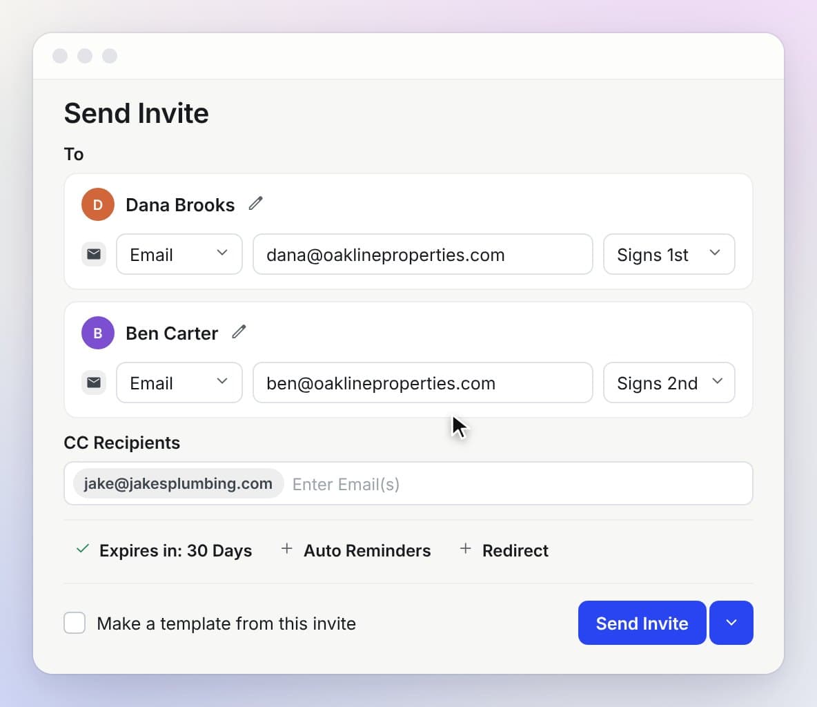 The send dialog with signing order and delivery options