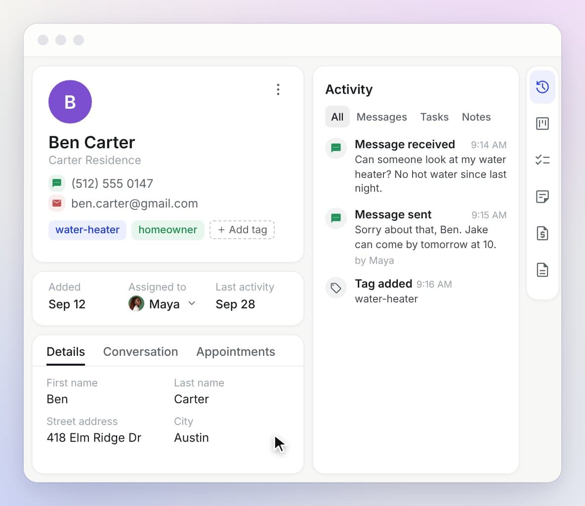 A contact record with fields, tags, a pinned note and a deal