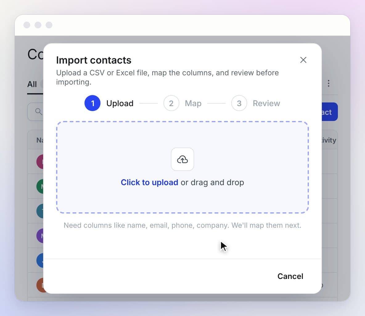Importing contacts with duplicate matching by email