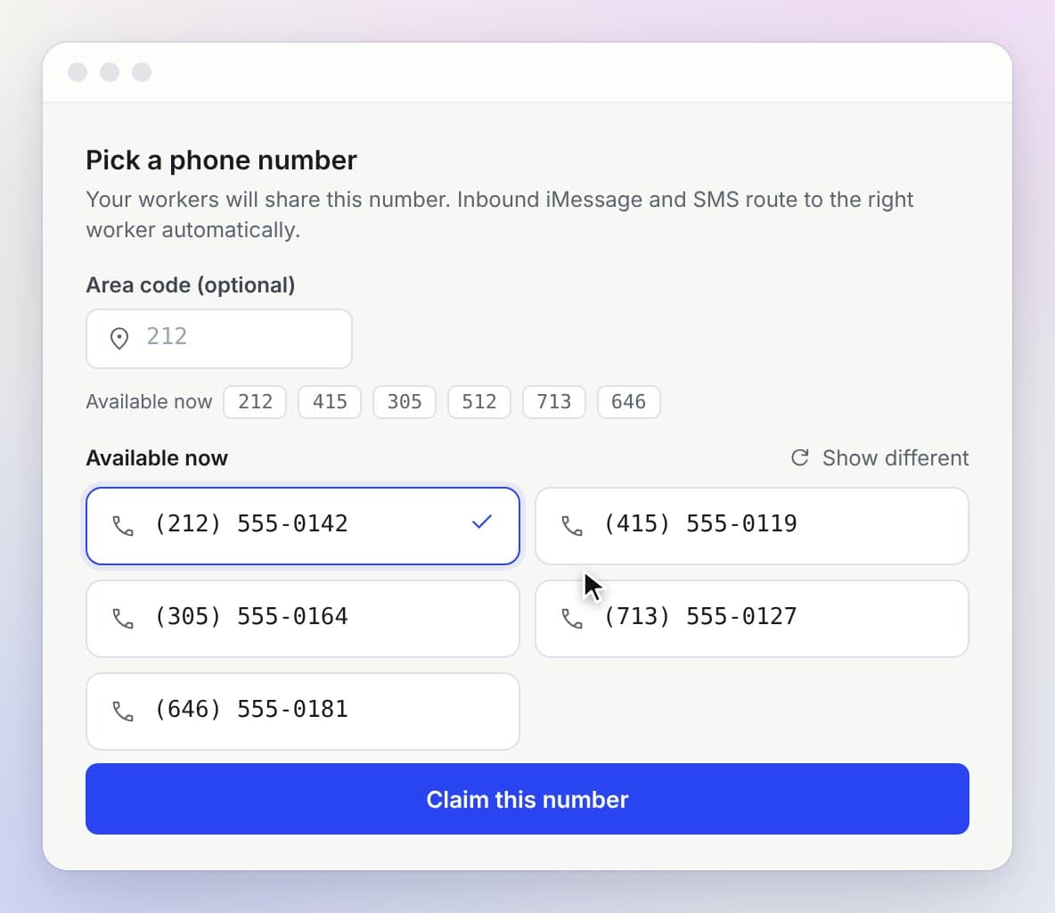 Searching an area code and claiming a phone number
