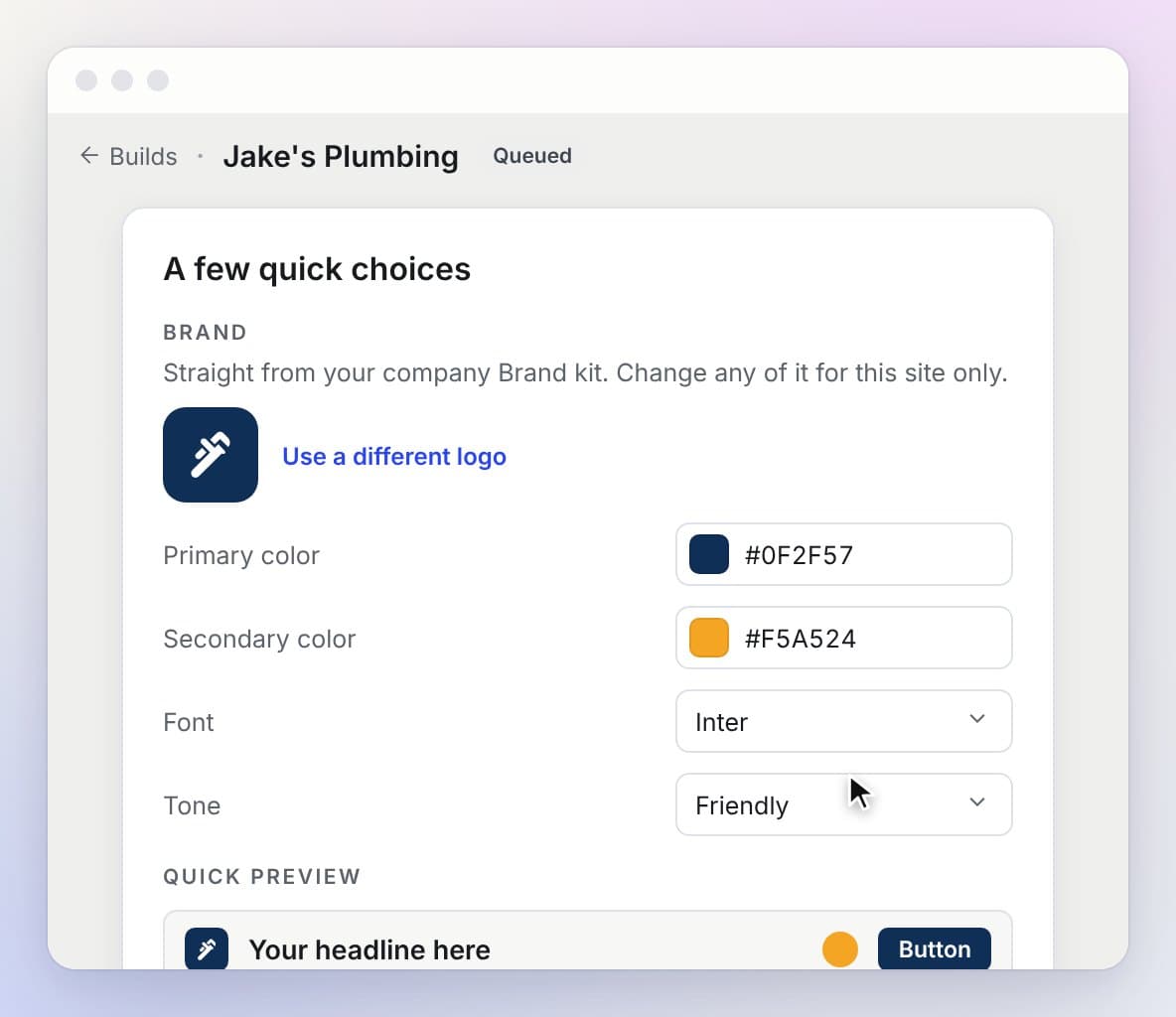 The quick choices card with brand details filled in