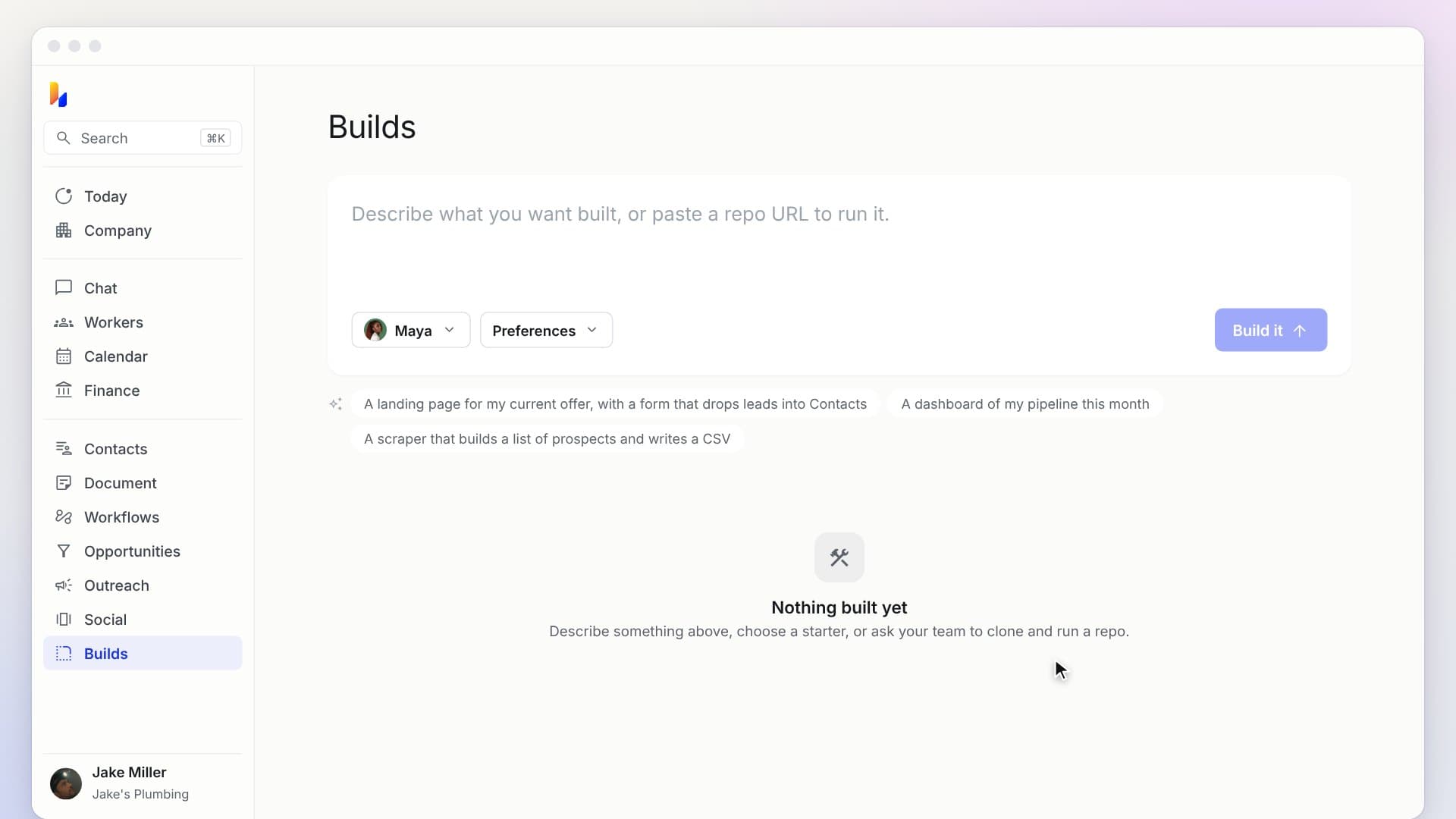 Describing a plumbing website in hiublue and watching the preview build