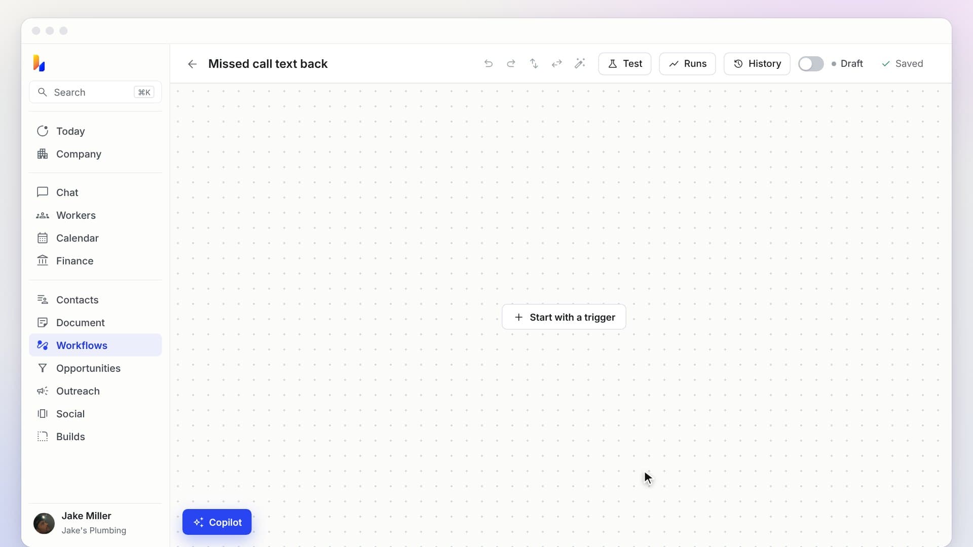 Building a missed-call workflow in the hiublue workflow builder