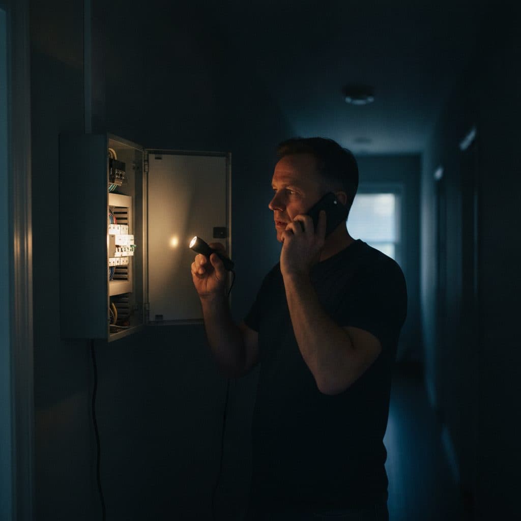 A homeowner on the phone in a dark hallway, lighting an open breaker panel with a flashlight