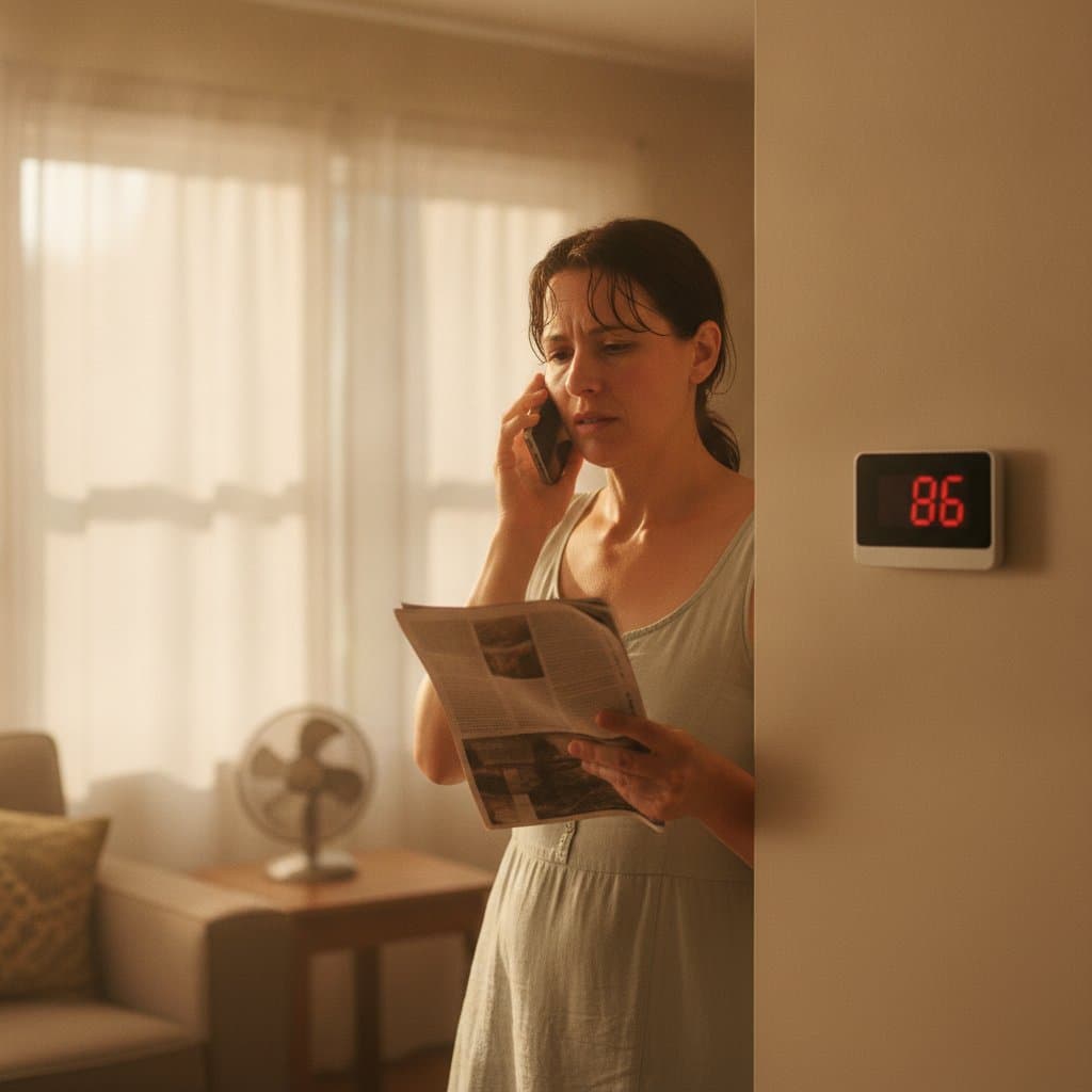 A homeowner on the phone to an HVAC company in a hot living room, the wall thermostat reading 86
