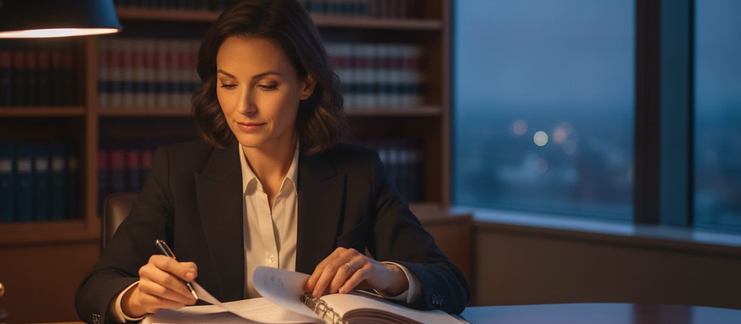 An attorney reading a case file at her desk in the evening, with shelves of law books behind her