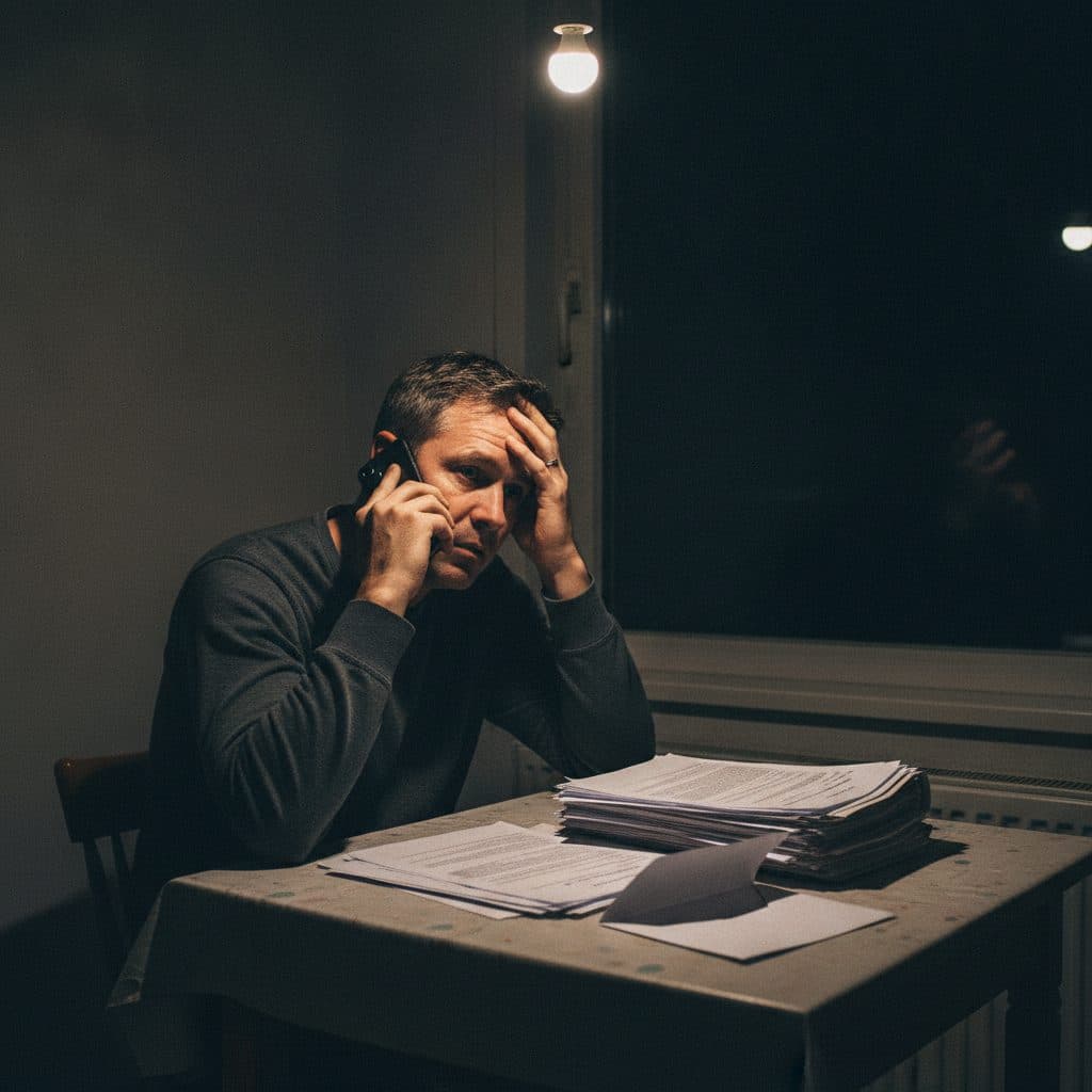 A man on the phone late at night at his kitchen table, a stack of legal papers and an opened envelope in front of him
