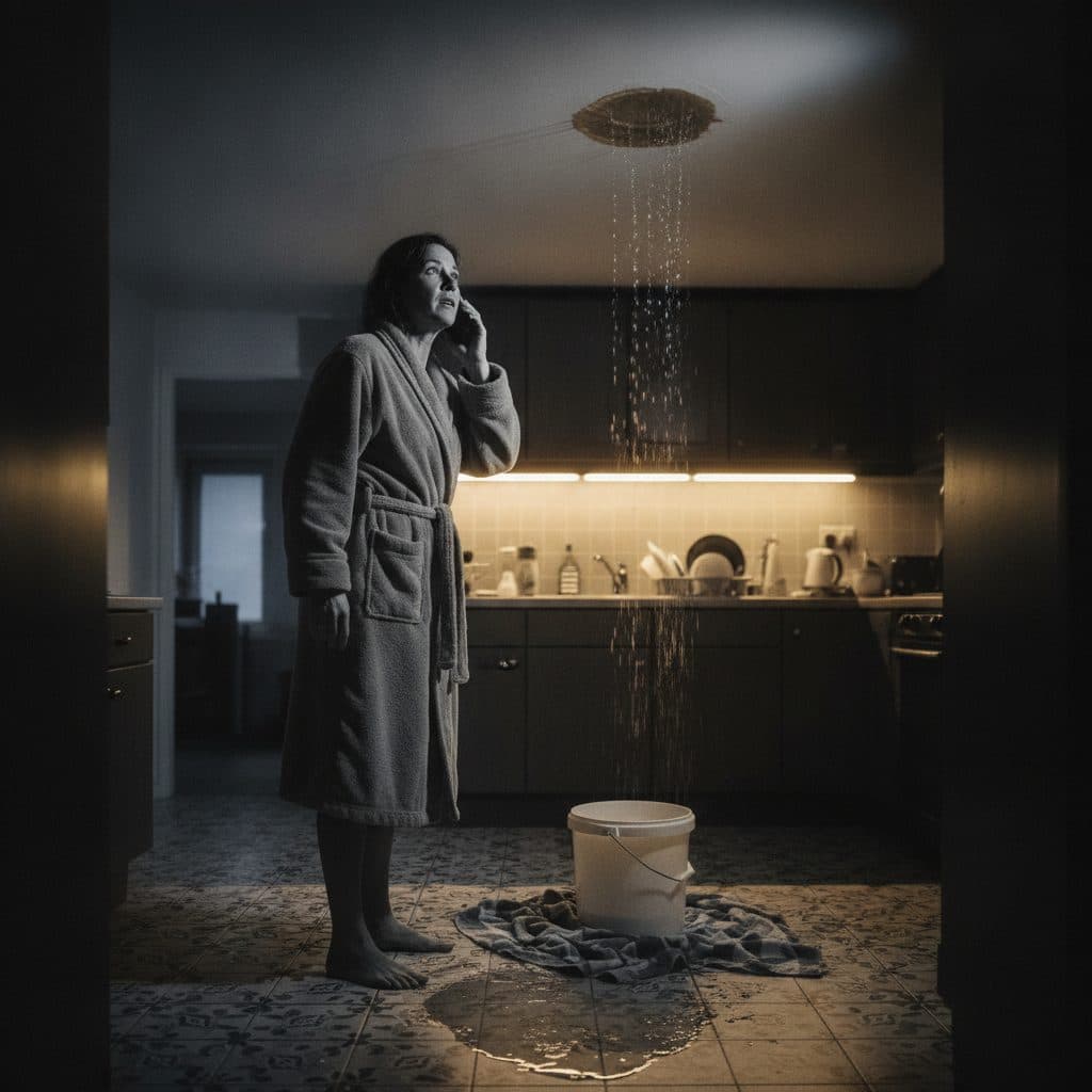 A homeowner on the phone at night in her kitchen, water dripping from the ceiling into a bucket