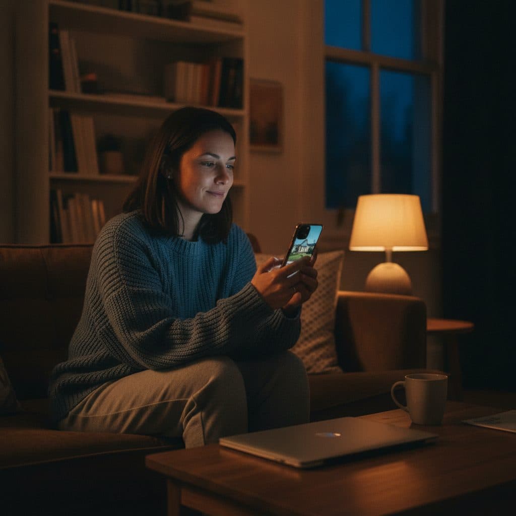 A buyer on her sofa late at night, looking at a house listing on her phone