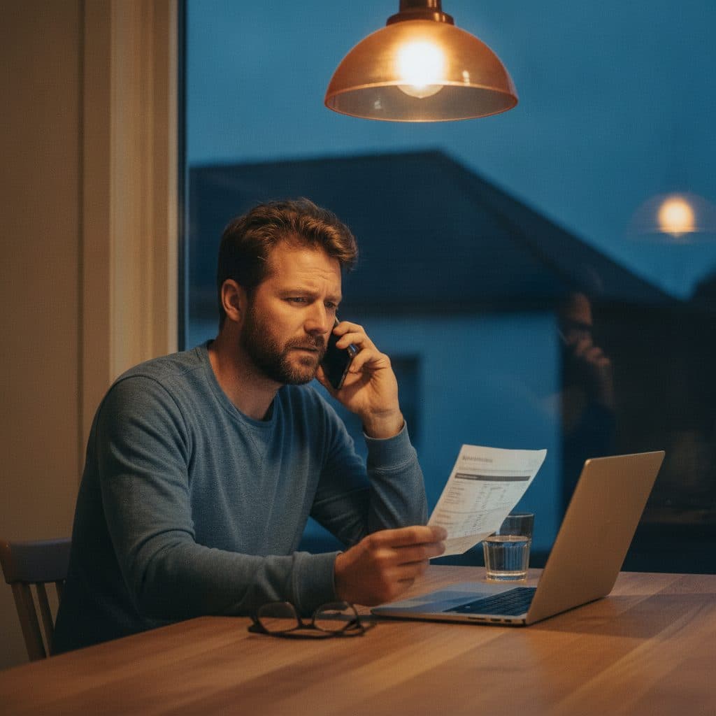 A homeowner at his kitchen table in the evening, on the phone with his electricity bill in hand