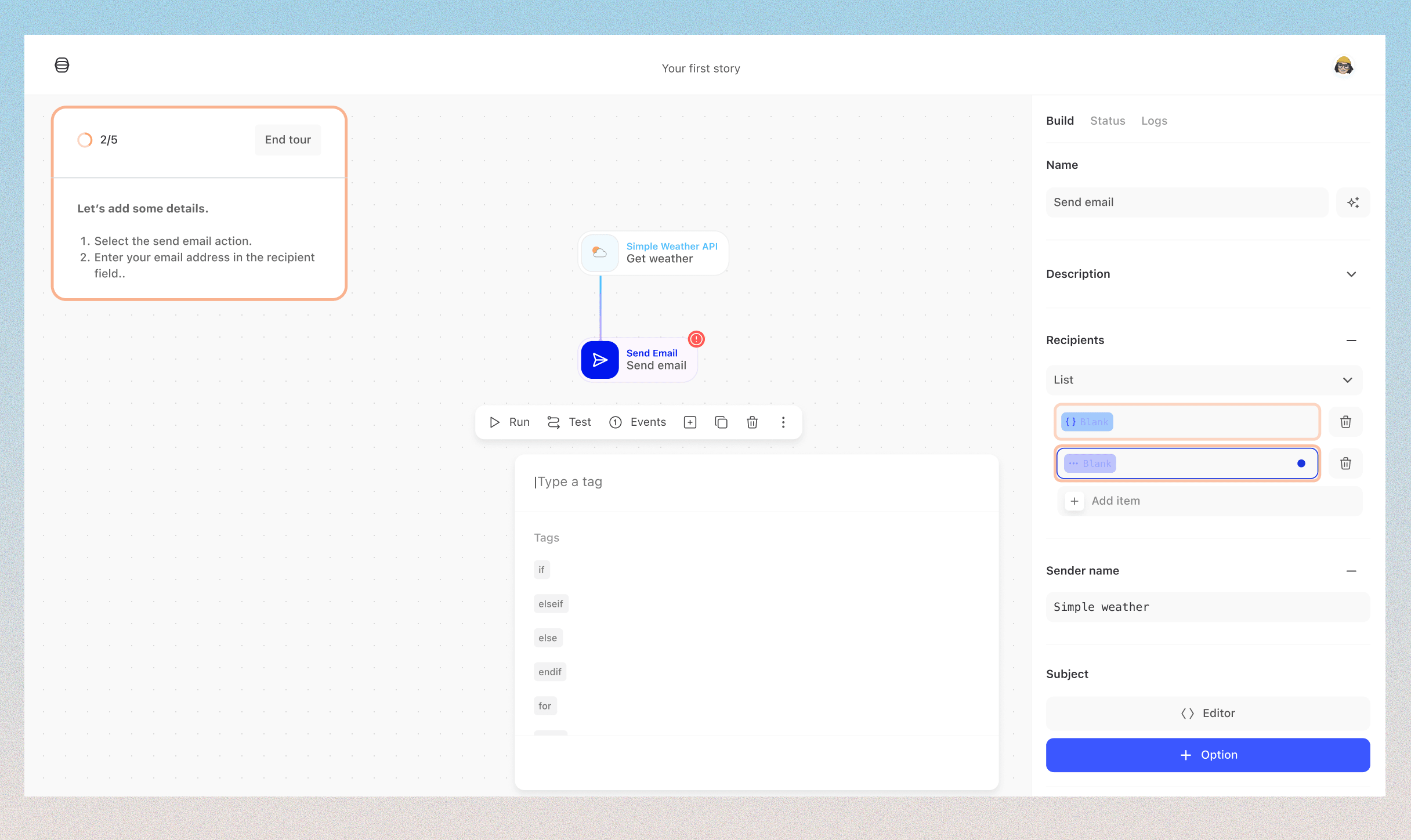 The hiublue workflow builder with a branching sequence of steps