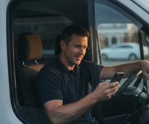 The owner of a service business sitting in his van at dusk, reading a job his AI worker booked for him