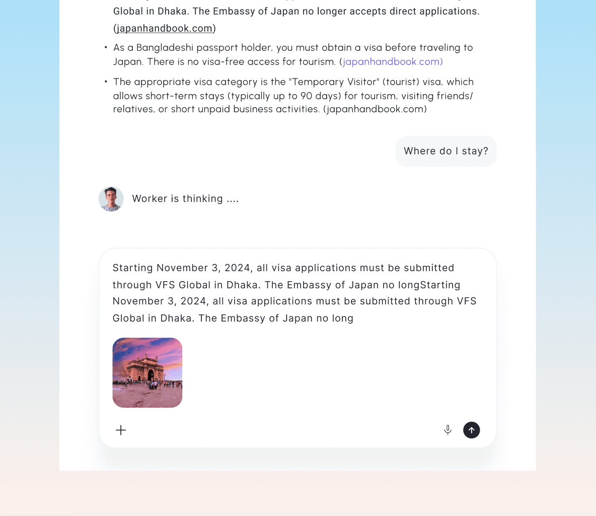 Chat thread with an AI worker answering a visa question