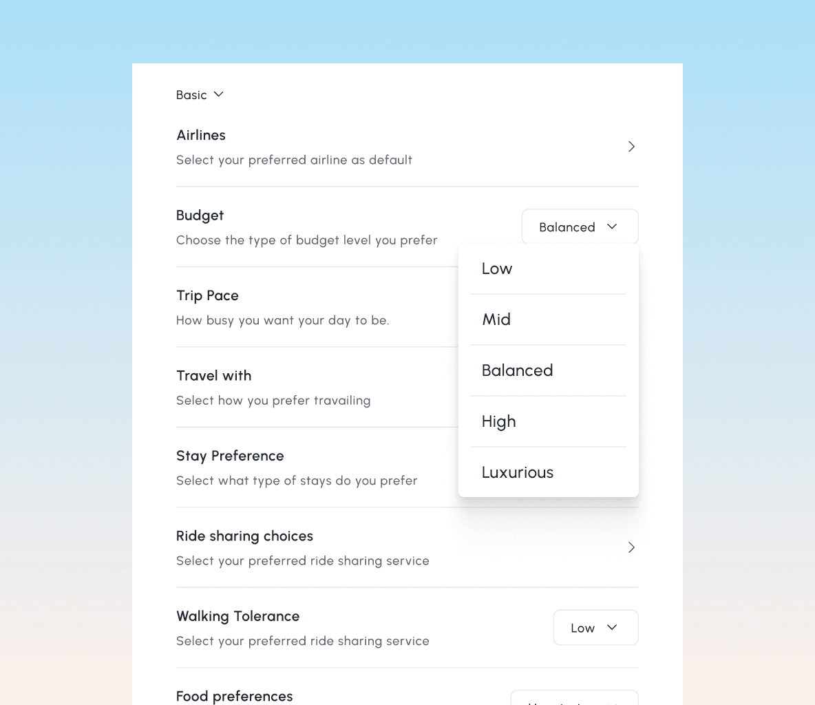 Travel preference settings with a budget level menu open