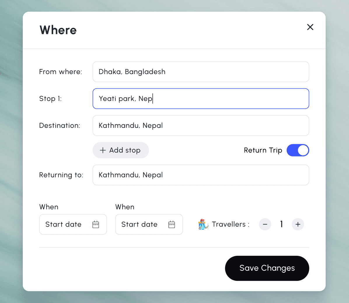 A trip planner form with origin, stops and destination fields