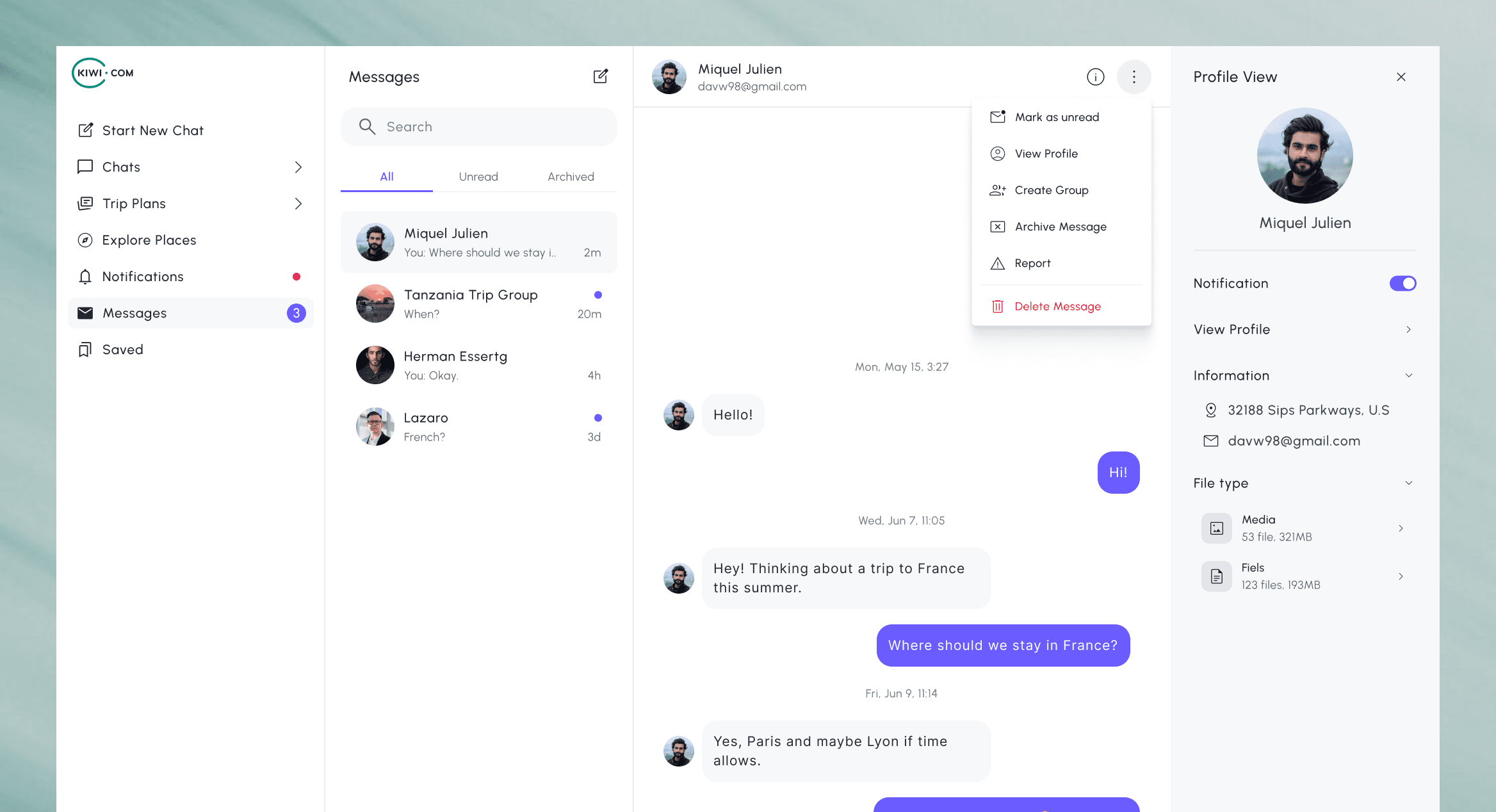 A shared team inbox with conversation list, thread and contact profile
