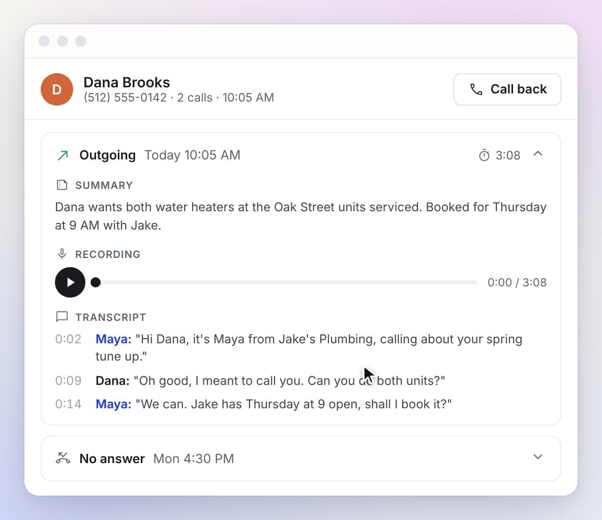 A worker call in the inbox with summary and recording