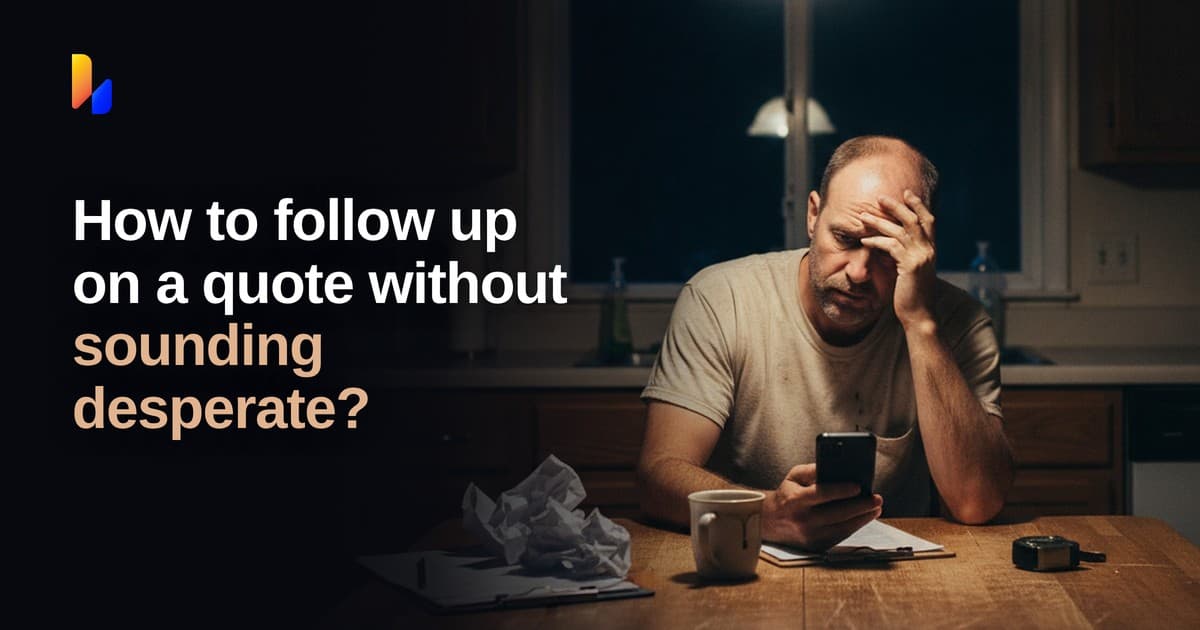 How to follow up on a quote without sounding desperate? A contractor sits at his kitchen table at night, holding his head and looking at his phone beside a pile of quotes.